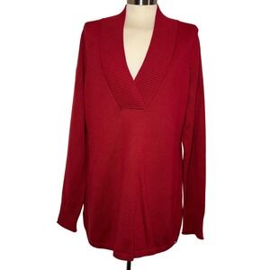Eddie Bauer Red V-Neck Sweater- Classic, Vintage, Cozy-knit Style Women's TL